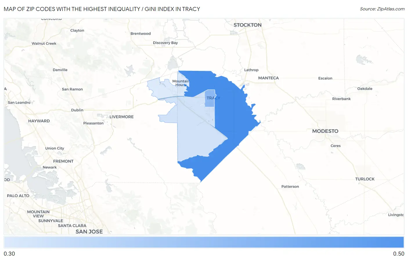 Zip Codes with the Highest Inequality / Gini Index in Tracy Map