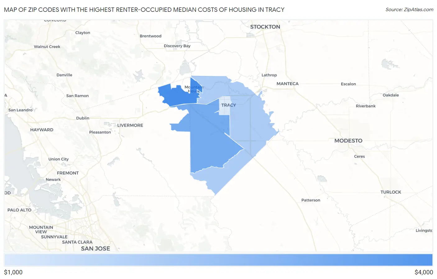 Zip Codes with the Highest Renter-Occupied Median Costs of Housing in Tracy Map