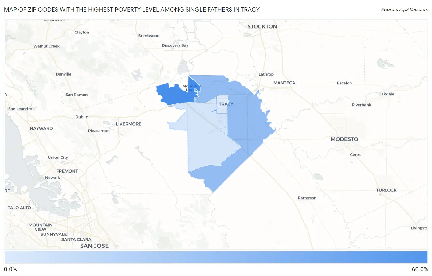 Zip Codes with the Highest Poverty Level Among Single Fathers in Tracy Map