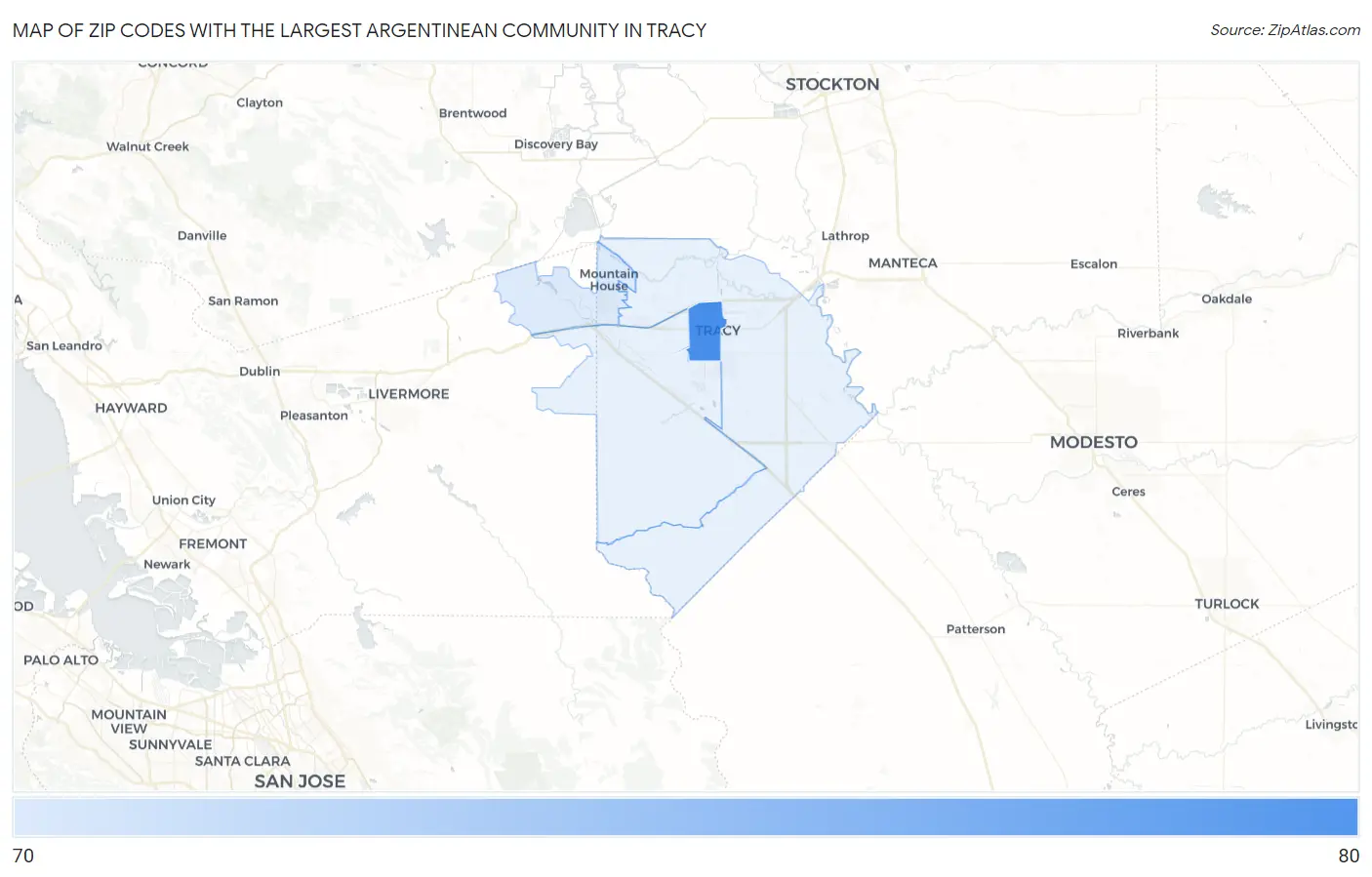 Zip Codes with the Largest Argentinean Community in Tracy Map