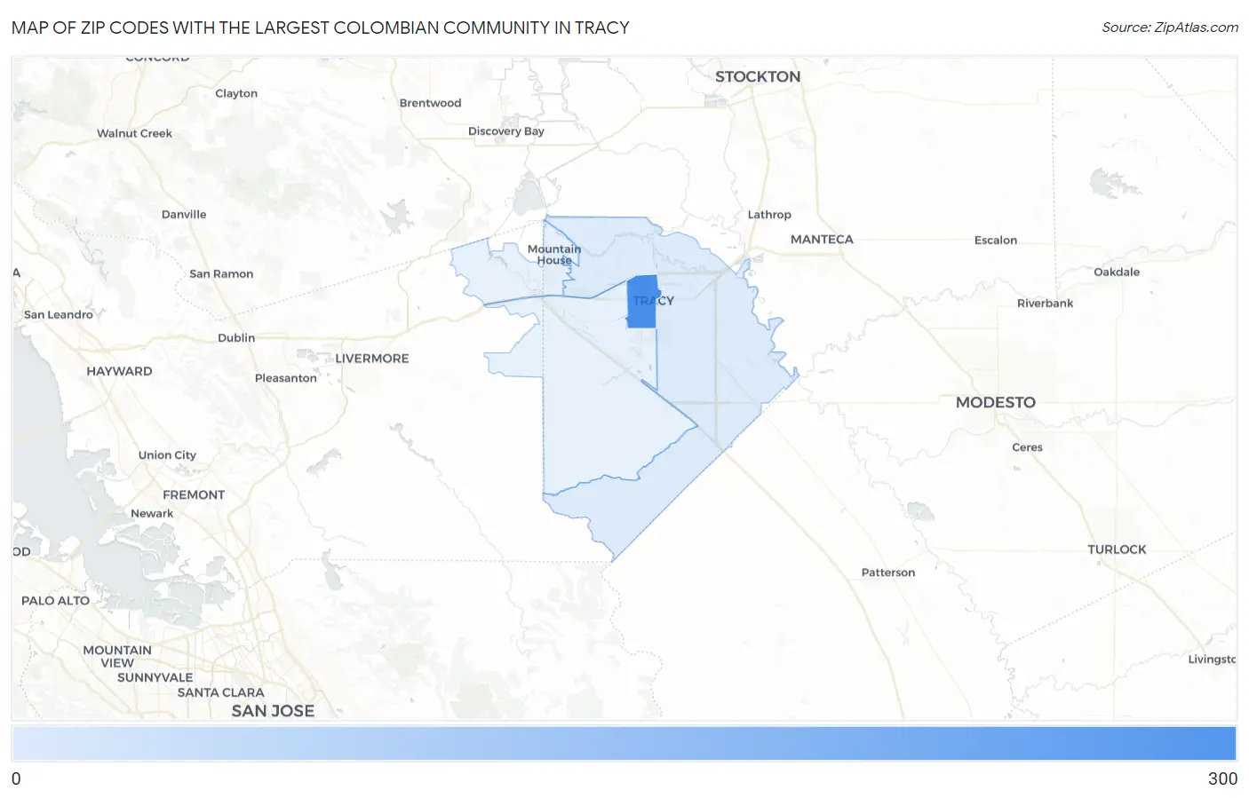 Zip Codes with the Largest Colombian Community in Tracy Map