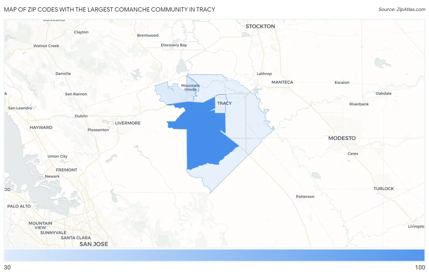 Zip Codes with the Largest Comanche Community in Tracy Map