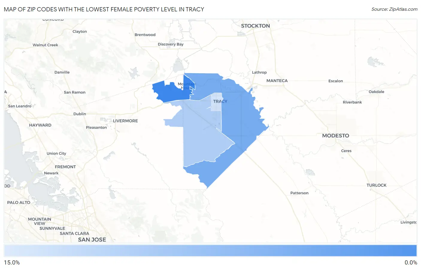 Zip Codes with the Lowest Female Poverty Level in Tracy Map