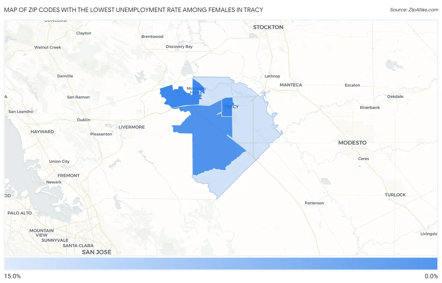 Zip Codes with the Lowest Unemployment Rate Among Females in Tracy Map