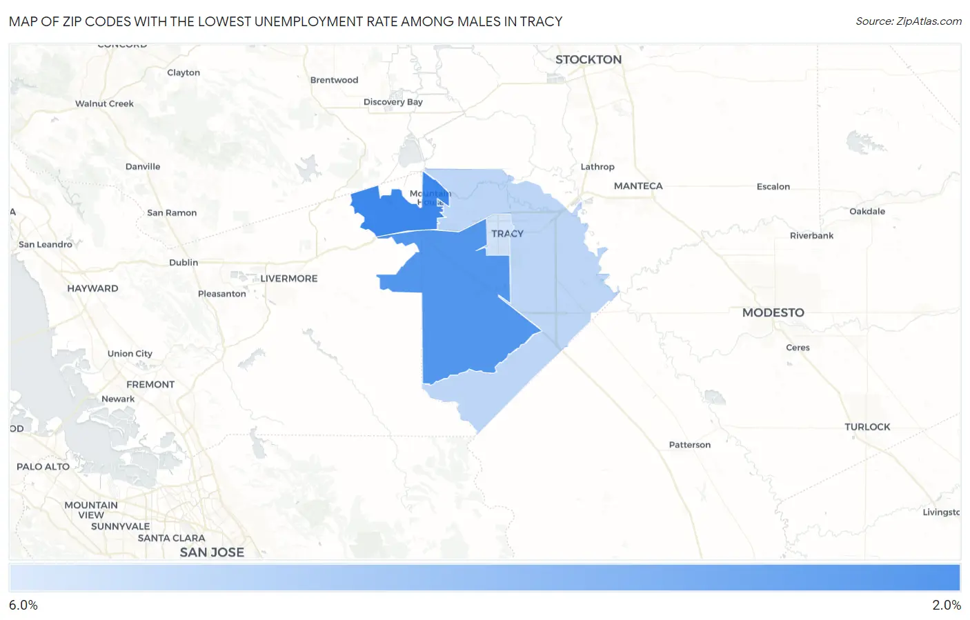 Zip Codes with the Lowest Unemployment Rate Among Males in Tracy Map