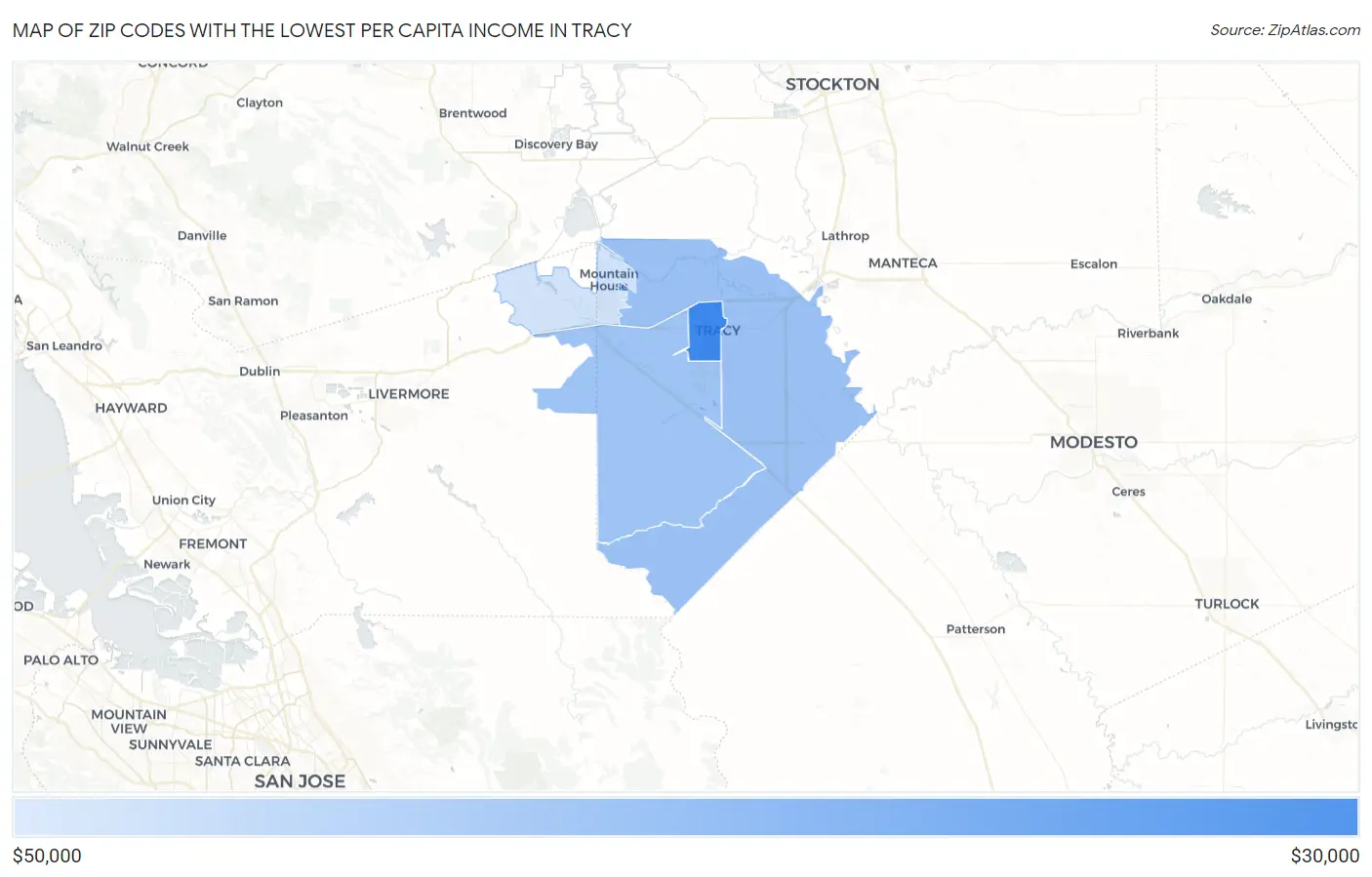 Zip Codes with the Lowest Per Capita Income in Tracy Map