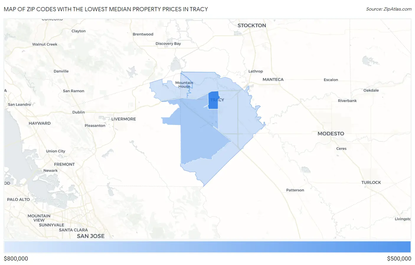 Zip Codes with the Lowest Median Property Prices in Tracy Map