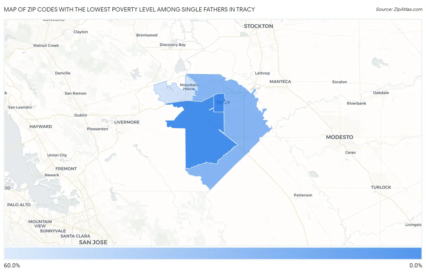 Zip Codes with the Lowest Poverty Level Among Single Fathers in Tracy Map
