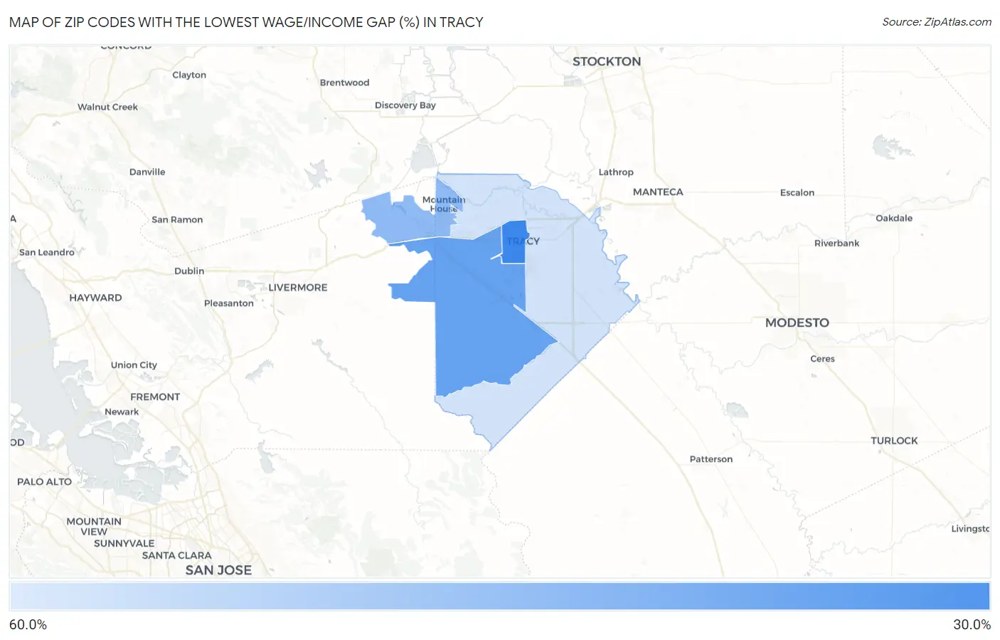 Zip Codes with the Lowest Wage/Income Gap (%) in Tracy Map