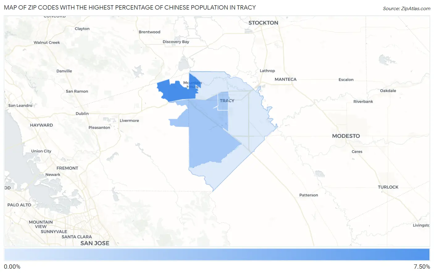 Zip Codes with the Highest Percentage of Chinese Population in Tracy Map