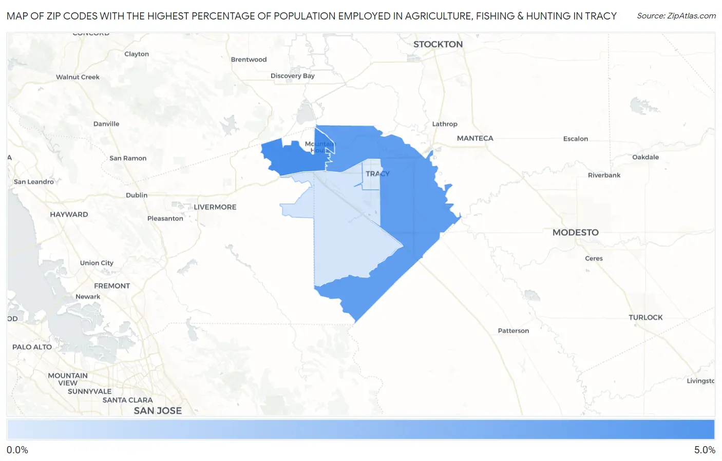 Zip Codes with the Highest Percentage of Population Employed in Agriculture, Fishing & Hunting in Tracy Map