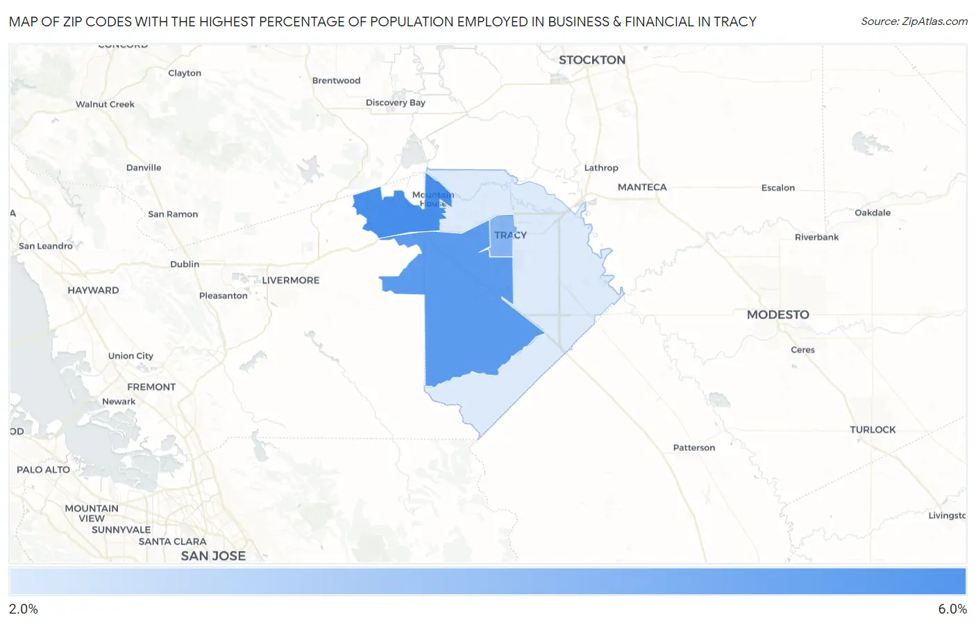 Zip Codes with the Highest Percentage of Population Employed in Business & Financial in Tracy Map