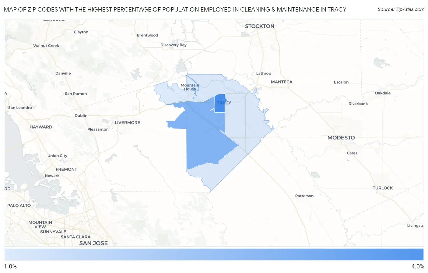 Zip Codes with the Highest Percentage of Population Employed in Cleaning & Maintenance in Tracy Map