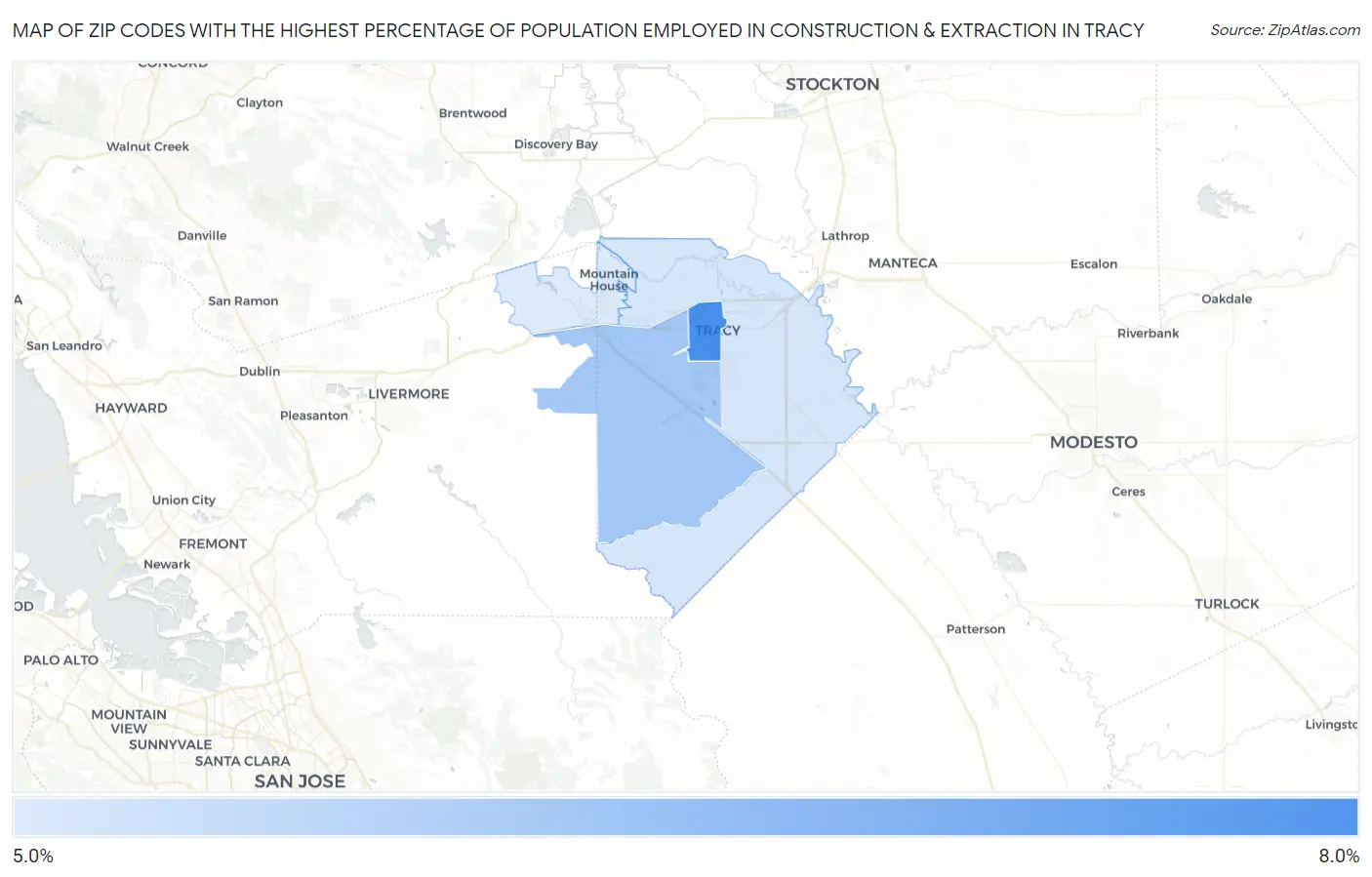 Zip Codes with the Highest Percentage of Population Employed in Construction & Extraction in Tracy Map