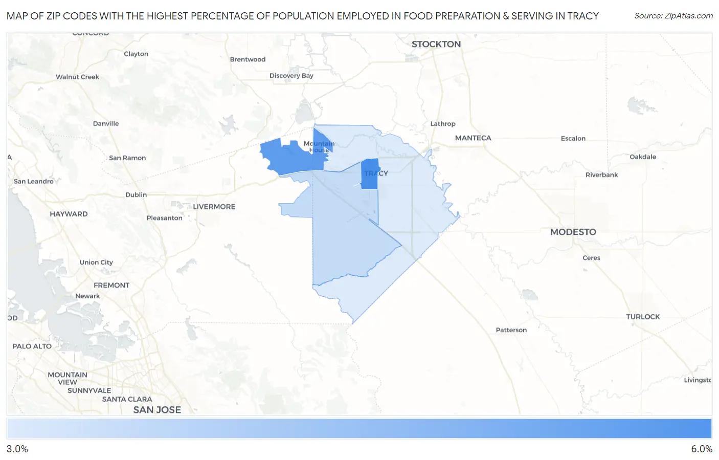 Zip Codes with the Highest Percentage of Population Employed in Food Preparation & Serving in Tracy Map