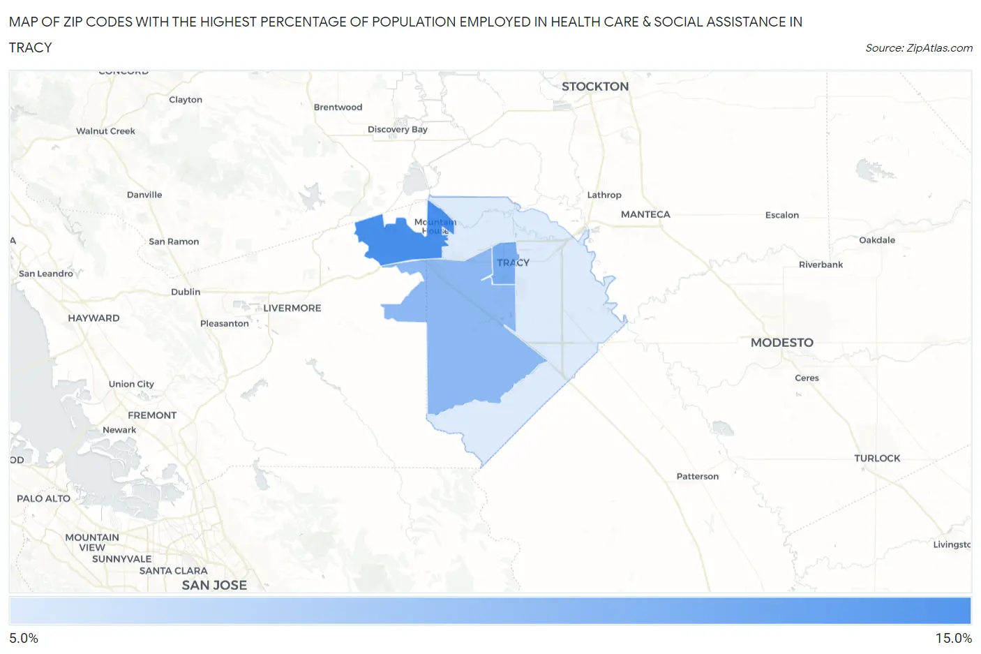 Zip Codes with the Highest Percentage of Population Employed in Health Care & Social Assistance in Tracy Map
