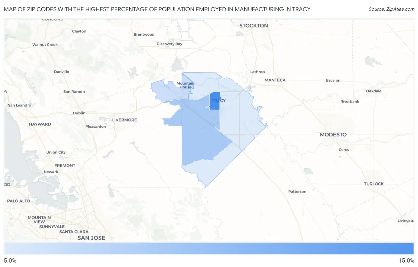 Zip Codes with the Highest Percentage of Population Employed in Manufacturing in Tracy Map