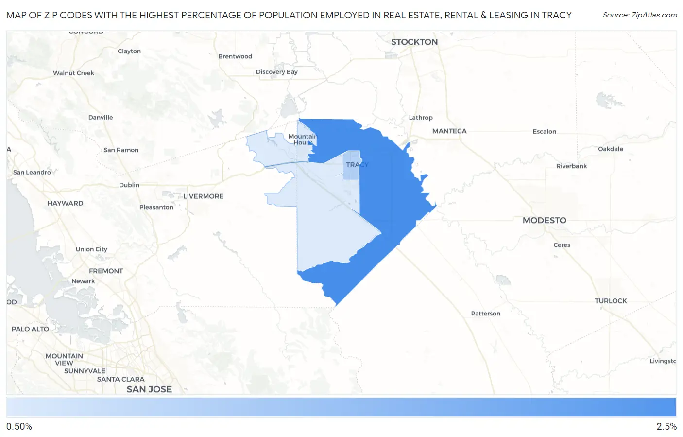 Zip Codes with the Highest Percentage of Population Employed in Real Estate, Rental & Leasing in Tracy Map