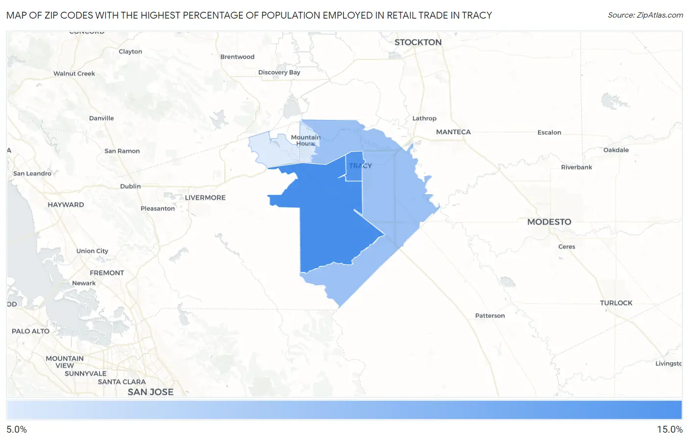 Zip Codes with the Highest Percentage of Population Employed in Retail Trade in Tracy Map