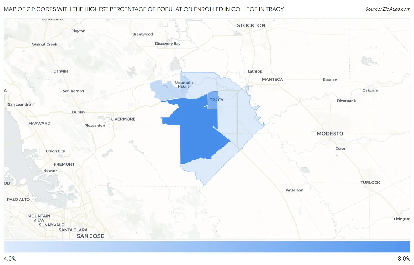 Zip Codes with the Highest Percentage of Population Enrolled in College in Tracy Map