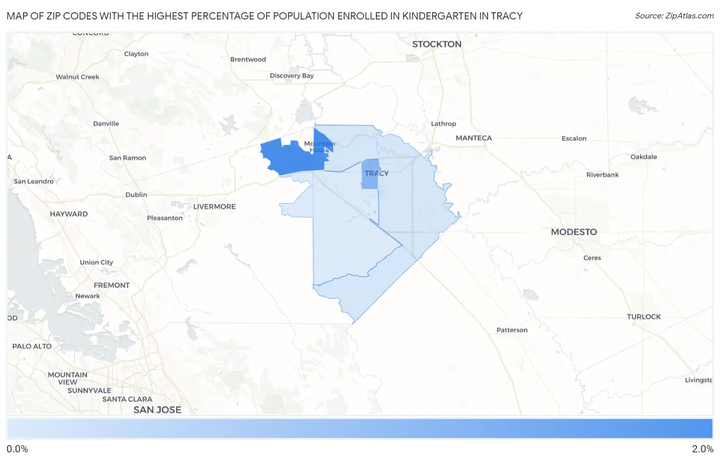 Zip Codes with the Highest Percentage of Population Enrolled in Kindergarten in Tracy Map
