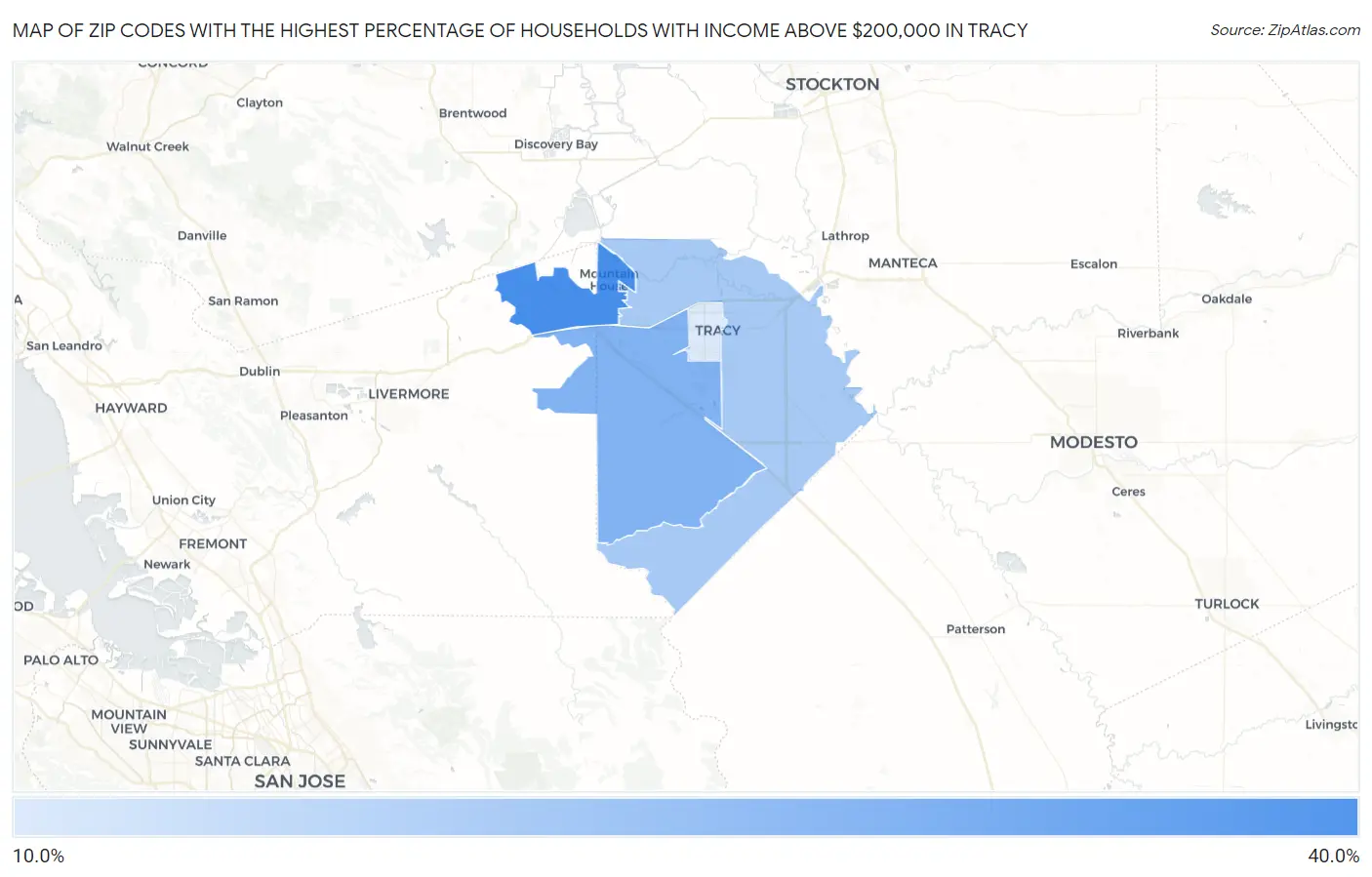 Zip Codes with the Highest Percentage of Households with Income Above $200,000 in Tracy Map