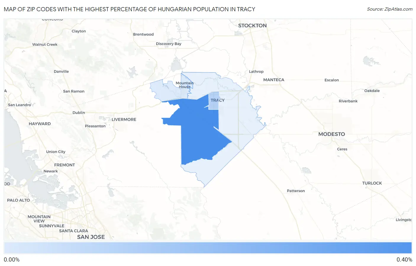 Zip Codes with the Highest Percentage of Hungarian Population in Tracy Map