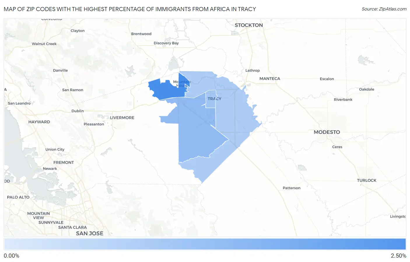 Zip Codes with the Highest Percentage of Immigrants from Africa in Tracy Map