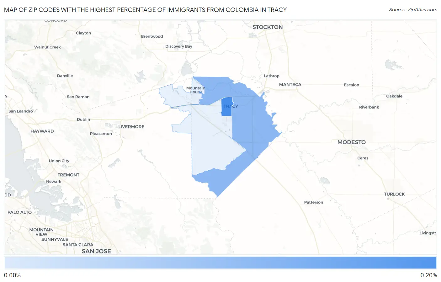 Zip Codes with the Highest Percentage of Immigrants from Colombia in Tracy Map