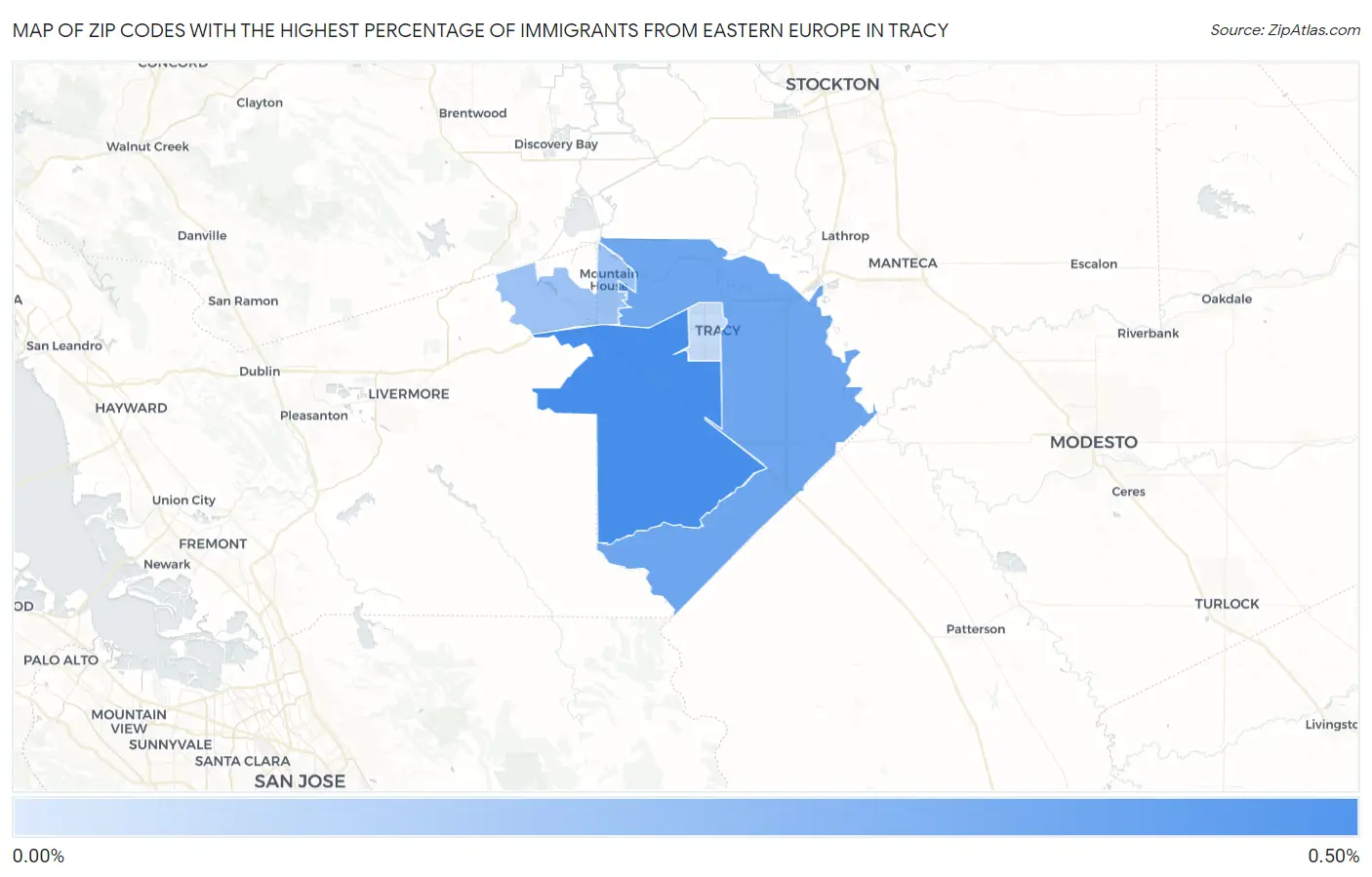 Zip Codes with the Highest Percentage of Immigrants from Eastern Europe in Tracy Map