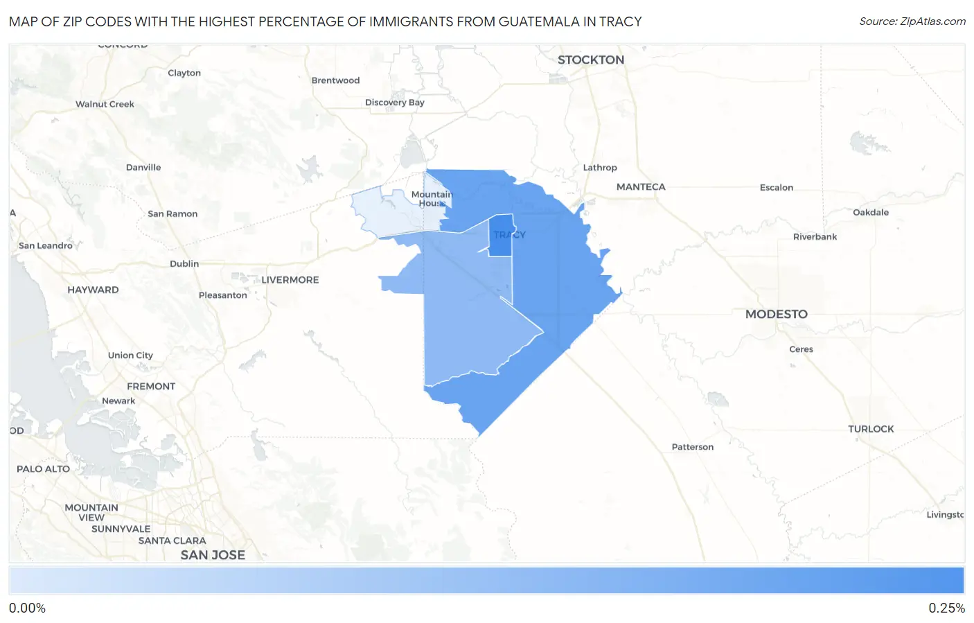Zip Codes with the Highest Percentage of Immigrants from Guatemala in Tracy Map