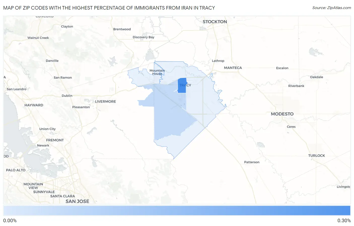 Zip Codes with the Highest Percentage of Immigrants from Iran in Tracy Map