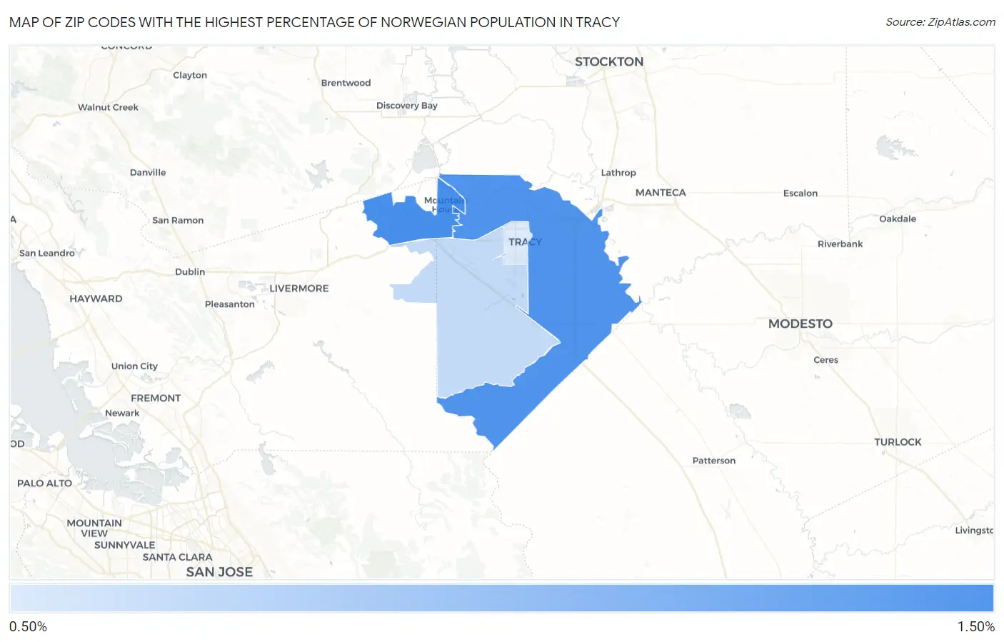 Zip Codes with the Highest Percentage of Norwegian Population in Tracy Map