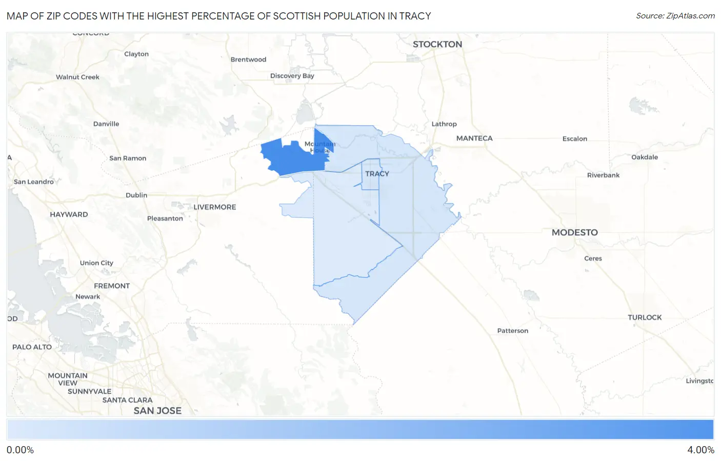 Zip Codes with the Highest Percentage of Scottish Population in Tracy Map