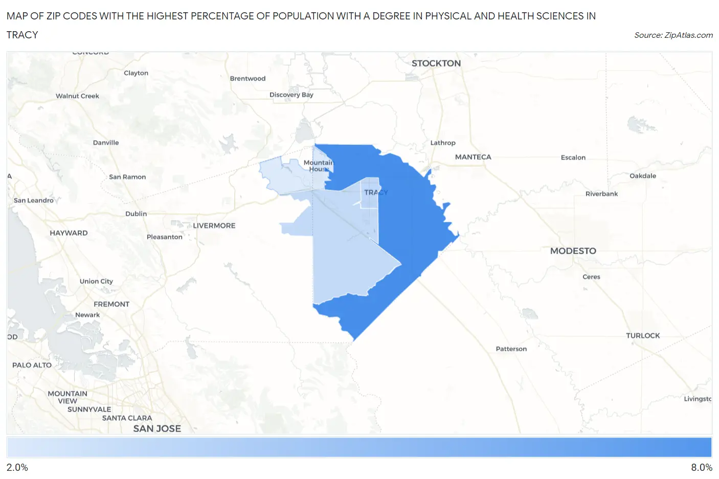 Zip Codes with the Highest Percentage of Population with a Degree in Physical and Health Sciences in Tracy Map