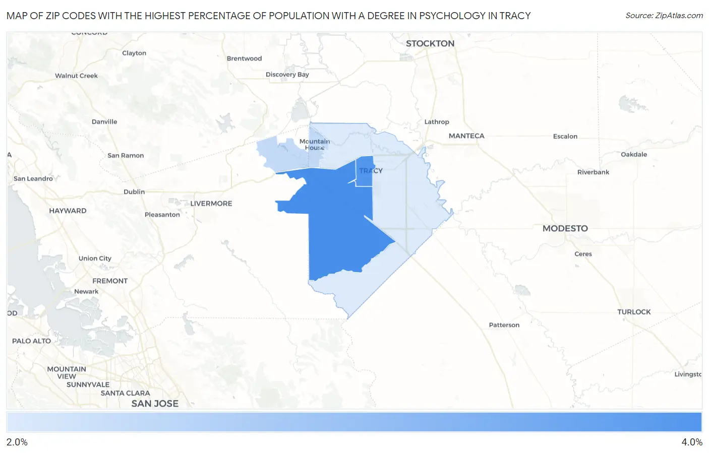 Zip Codes with the Highest Percentage of Population with a Degree in Psychology in Tracy Map