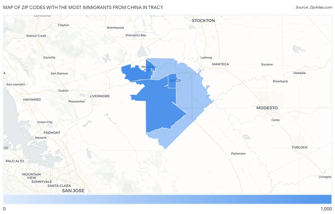 Zip Codes with the Most Immigrants from China in Tracy Map