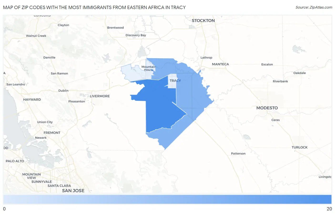 Zip Codes with the Most Immigrants from Eastern Africa in Tracy Map
