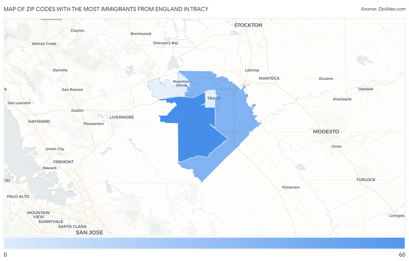 Zip Codes with the Most Immigrants from England in Tracy Map