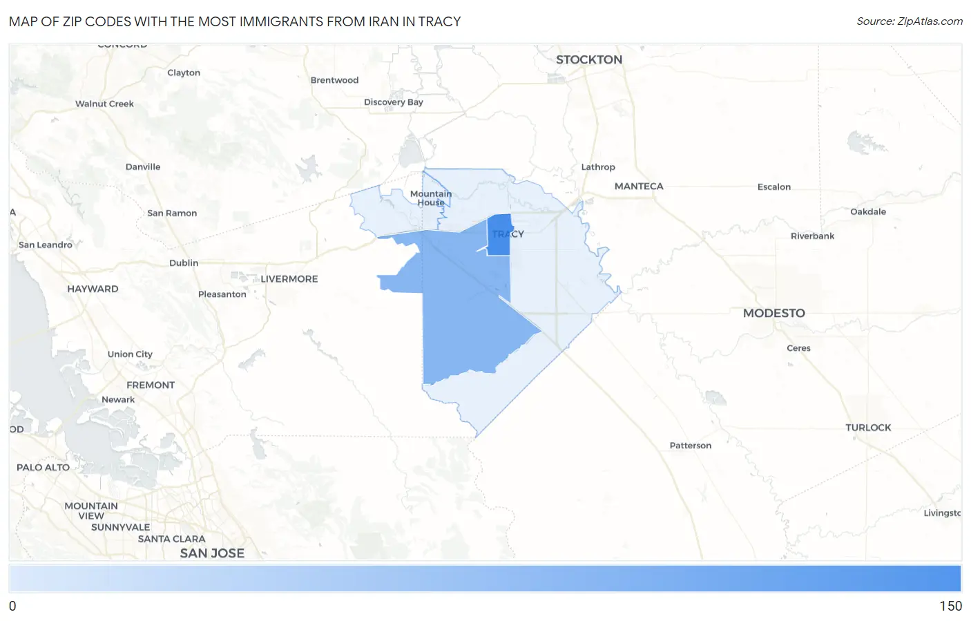 Zip Codes with the Most Immigrants from Iran in Tracy Map