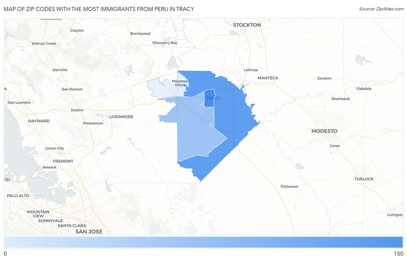 Zip Codes with the Most Immigrants from Peru in Tracy Map