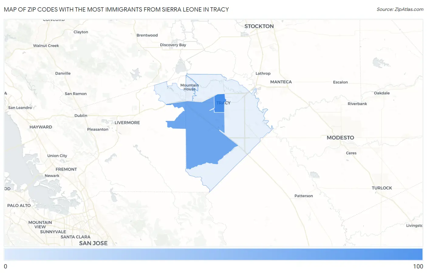 Zip Codes with the Most Immigrants from Sierra Leone in Tracy Map