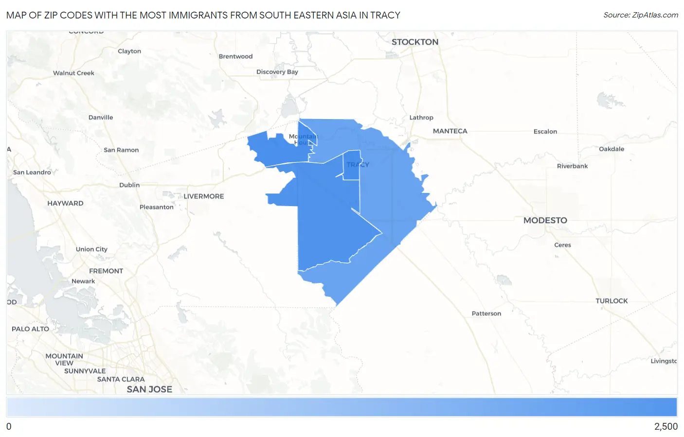 Zip Codes with the Most Immigrants from South Eastern Asia in Tracy Map