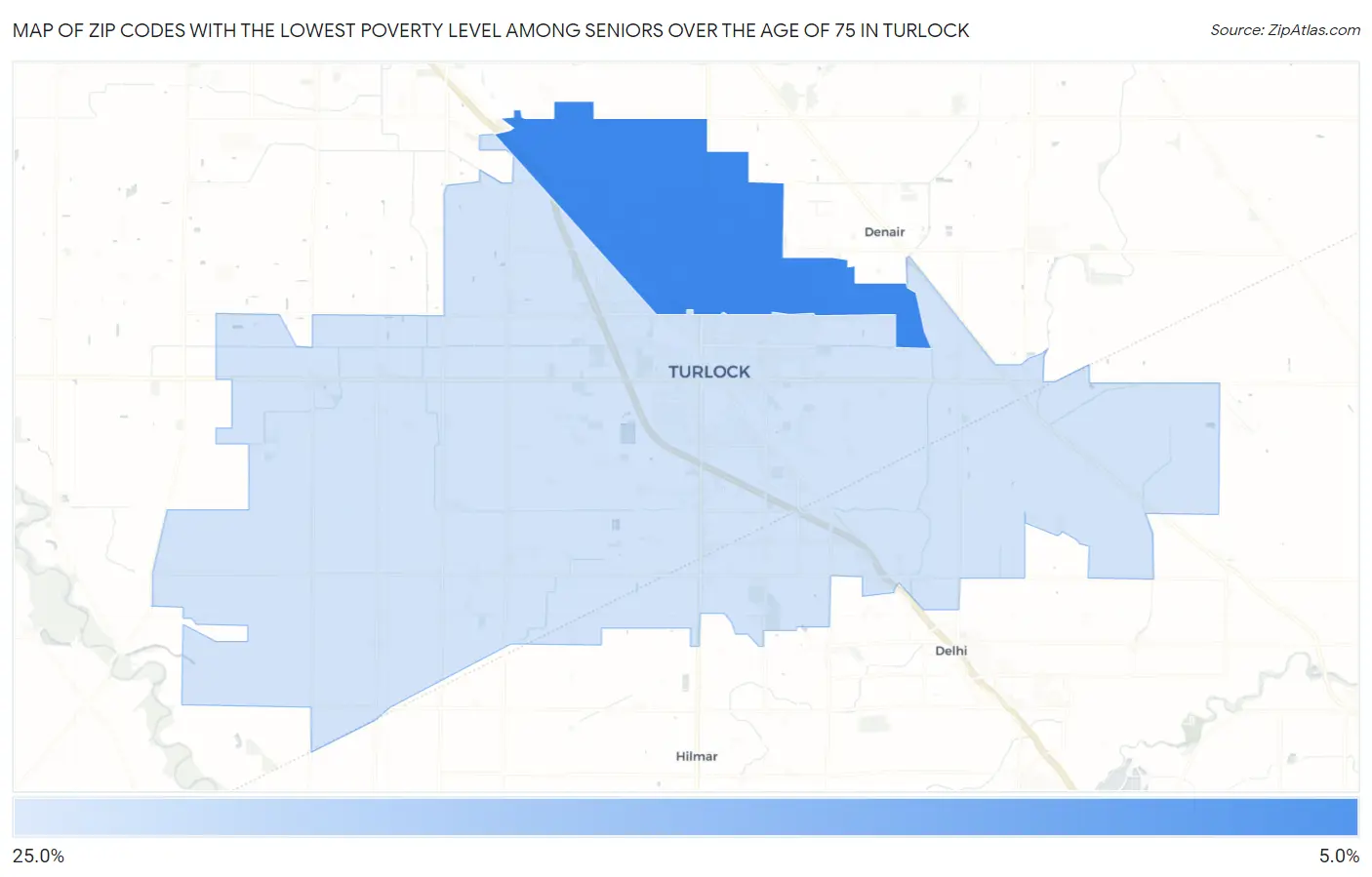 Zip Codes with the Lowest Poverty Level Among Seniors Over the Age of 75 in Turlock Map