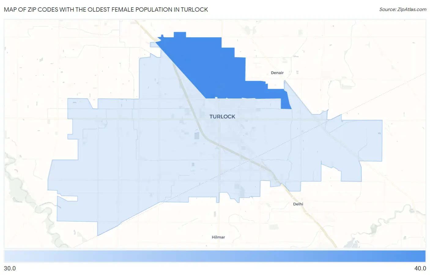 Zip Codes with the Oldest Female Population in Turlock Map