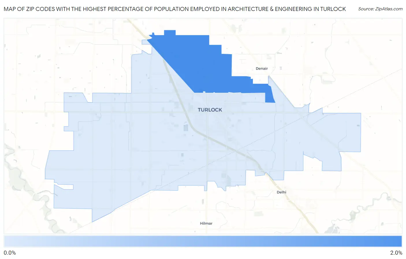 Zip Codes with the Highest Percentage of Population Employed in Architecture & Engineering in Turlock Map