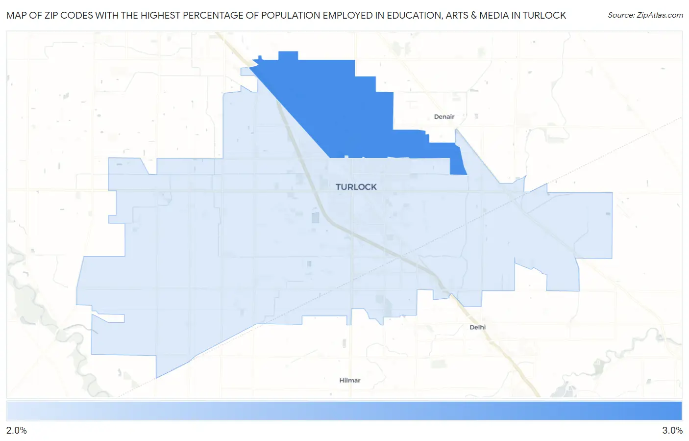 Zip Codes with the Highest Percentage of Population Employed in Education, Arts & Media in Turlock Map