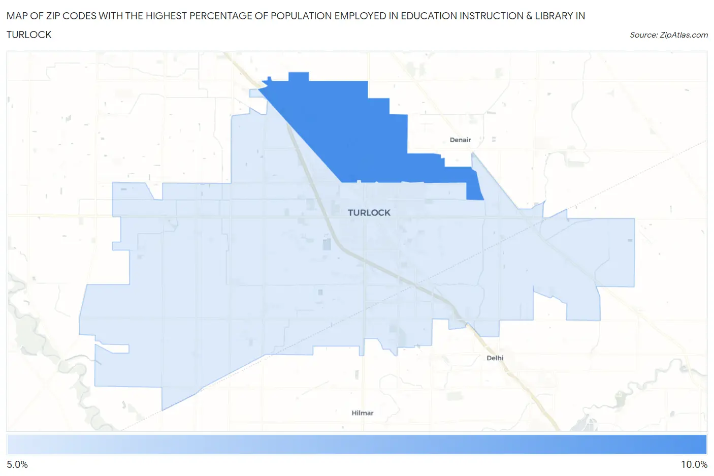 Zip Codes with the Highest Percentage of Population Employed in Education Instruction & Library in Turlock Map