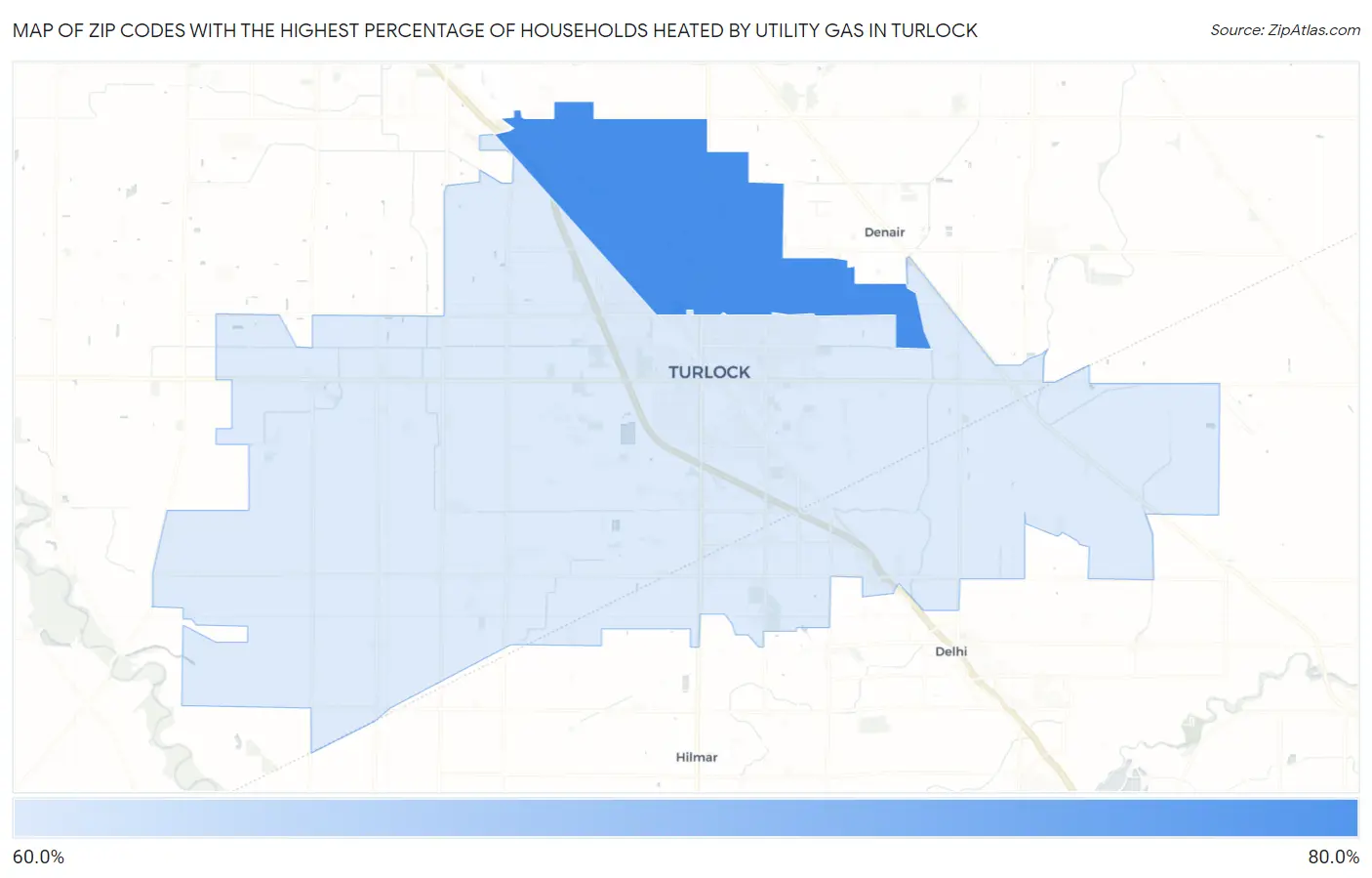 Zip Codes with the Highest Percentage of Households Heated by Utility Gas in Turlock Map