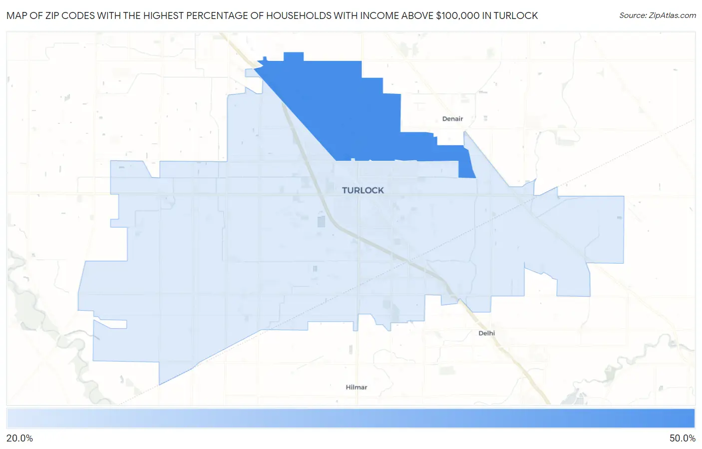Zip Codes with the Highest Percentage of Households with Income Above $100,000 in Turlock Map